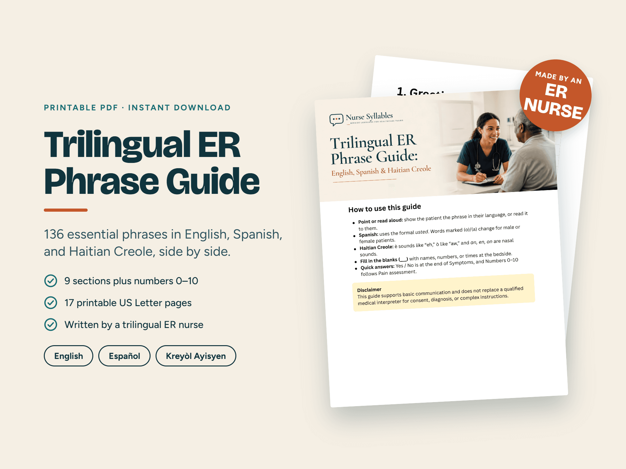 Cover and overview of the Trilingual ER Phrase Guide in English, Spanish, and Haitian Creole.