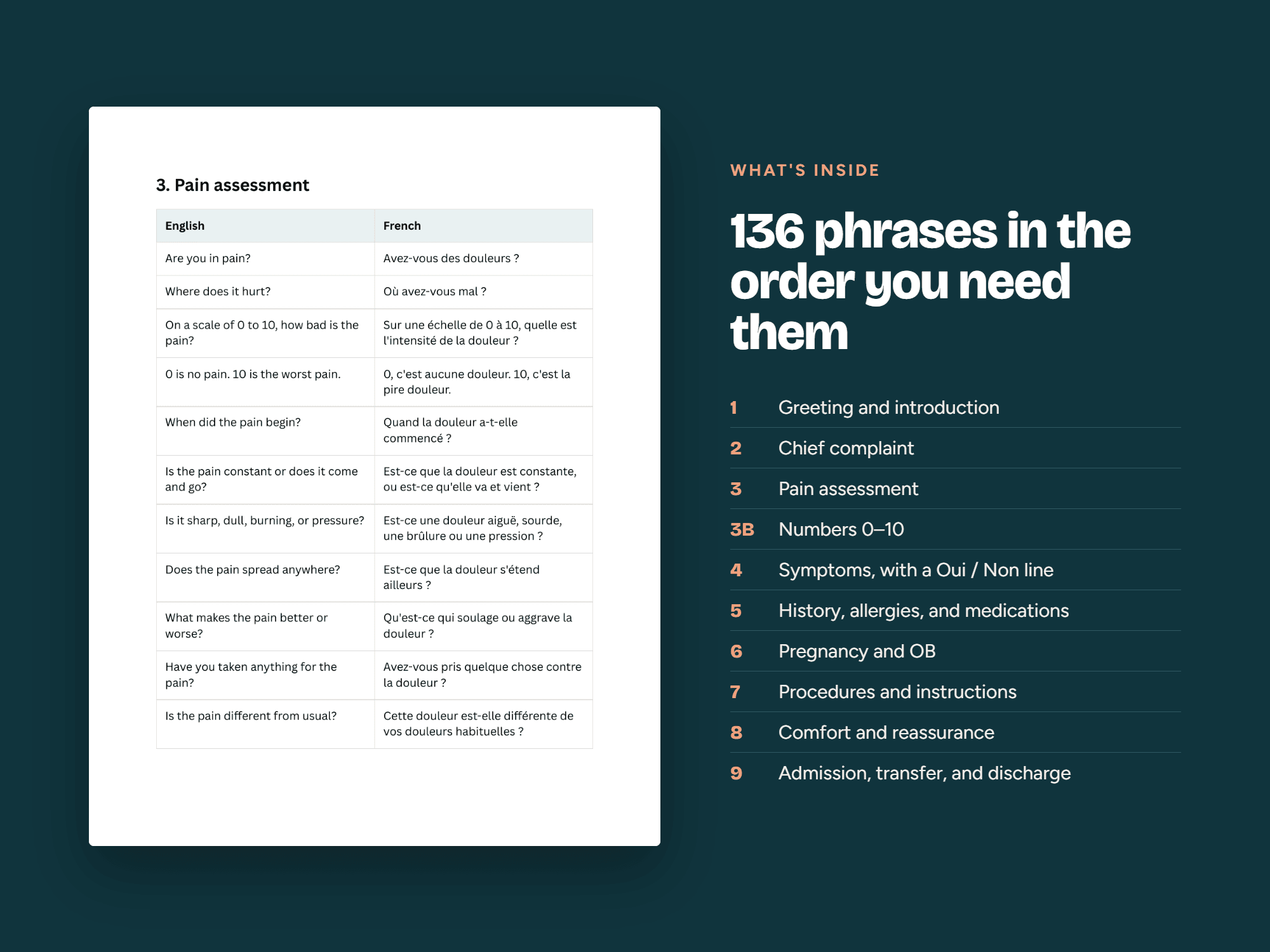 Pain-assessment phrase sample with English and French columns.