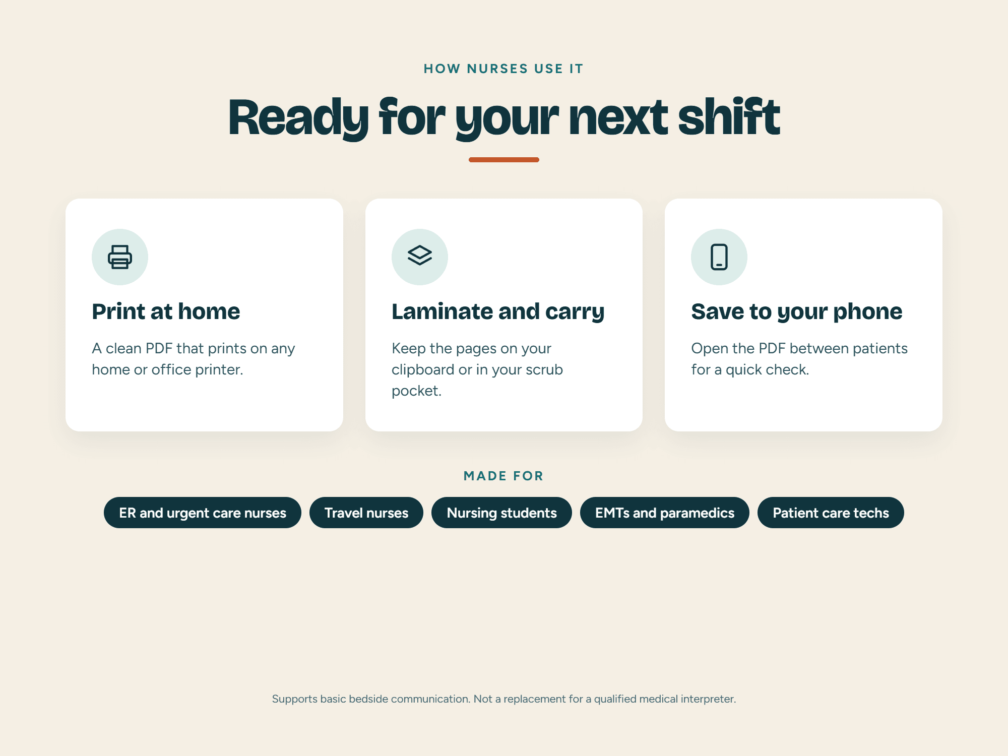 Ways nurses use the trilingual guide: print it, laminate it, or save it to a phone.
